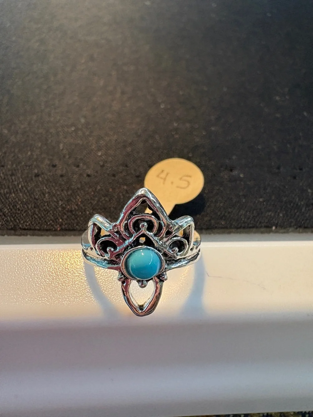 Silver Filigree Teardrop Ring with Turquoise Stone Size 4.5
